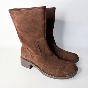 Born Boots Audie Suede Leather Riding Boots Brown Stacked Heel Mid Calf W 8.5